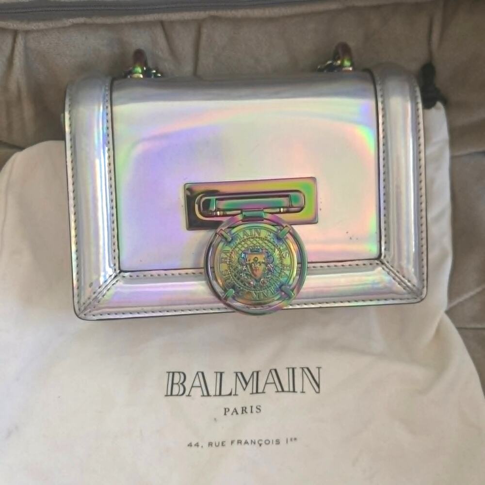Authentic Balmain Holographic Baby Box Silver Hardware Mirrored Chain Duskbag